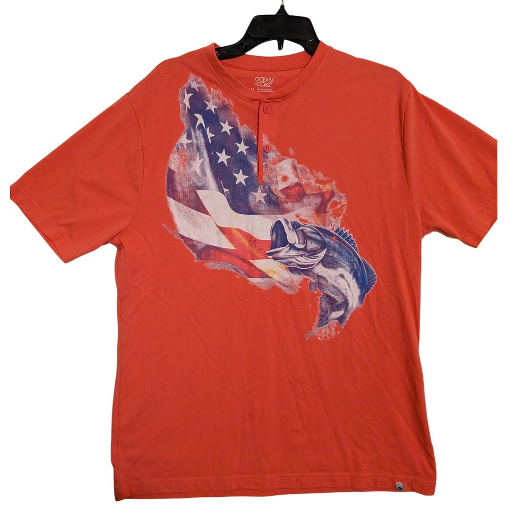 Ocean Coast Mens Graphic T-Shirt American Flag Bass Fishing Red Medium‎